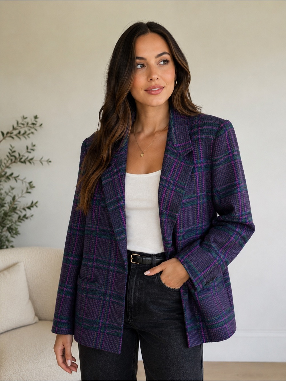 Vintage Sasson New York Wool Blend Plaid Blazer | Purple Green | Size 12/13